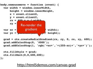 body.onmousemove = function (event) {
  var width = window.innerWidth,
      height = window.innerHeight,
      x = event.clientX,
      y = event.clientY,
      rx = 600 * x / width,
      ry = 600 * y / width;
                Re-render the
     var xc =      gradient
              parseInt(256 * x / width);
     var yc = parseInt(256 * y / height);

     grad = ctx.createRadialGradient(rx, ry, 0, rx, ry, 600);
     grad.addColorStop(0, '#000');
     grad.addColorStop(1, 'rgb('+xc+','+(255-xc)+','+yc+')');

     ctx.fillStyle = grad;
     ctx.fillRect(0,0,600,600);
};

             http://html5demos.com/canvas-grad
 