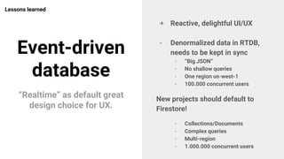 19
Event-driven
database
Lessons learned
“Realtime” as default great
design choice for UX.
+ Reactive, delightful UI/UX
- Denormalized data in RTDB,
needs to be kept in sync
- “Big JSON”
- No shallow queries
- One region us-west-1
- 100.000 concurrent users
New projects should default to
Firestore!
- Collections/Documents
- Complex queries
- Multi-region
- 1.000.000 concurrent users
 