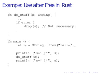 Example: Use after Free in Rust
fn do_stuff(s: String) {
...
if error {
drop(s); // Not necessary.
}
}
fn main () {
let s = String ::from("hello");
println!("s=’{}’", s);
do_stuff(s);
println!("s=’{}’", s);
}
 
