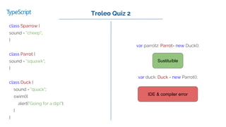 var parrot2: Parrot= new Duck();
¿?
var duck: Duck = new Parrot();
¿?
Troleo Quiz 2
class Sparrow {
sound = "cheep";
}
class Parrot {
sound = "squawk";
}
class Duck {
sound = "quack";
swim(){
alert("Going for a dip!");
}
}
Sustituíble
IDE & compiler error
 