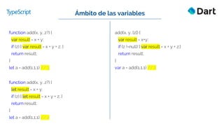 function add(x, y, z?) {
var result = x + y;
if (z) { var result = x + y + z; }
return result;
}
let a = add(1,1,1) // 3
add(x, y, [z]) {
var result = x+y;
if (z !=null) { var result = x + y + z;}
return result;
}
var a = add(1,1,1) // 2
Ámbito de las variables
function add(x, y, z?) {
let result = x + y;
if (z) { let result = x + y + z; }
return result;
}
let a = add(1,1,1) // 2
 