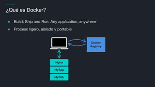 ¿Qué es Docker?
● Build, Ship and Run. Any application, anywhere
● Proceso ligero, aislado y portable
 