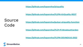 https://github.com/tspannhw/airquality
https://github.com/tspannhw/FLiPN-AirQuality-REST
https://github.com/tspannhw/pulsar-airquality-function
https://github.com/tspannhw/FLiPN-DEVNEXUS-2022
https://github.com/tspannhw/FLiP-Pi-BreakoutGarden
Source
Code
39
 