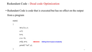 Redundant Code - Dead code Optimization
• Redundant Code is code that is executed but has no effect on the output
from a program
main()
{
int a, b, c, r;
a=5;
b=6;
c=a + b;
r=2; r++;
printf(“ %d” ,c);
}
Adding time & space complexity
55
 