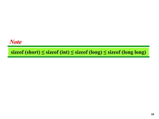 19
sizeof (short) ≤ sizeof (int) ≤ sizeof (long) ≤ sizeof (long long)
Note
 