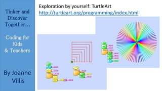 Tinker and 
Discover 
Together... 
Coding for 
Kids 
& Teachers 
By Joanne 
Villis 
Exploration by yourself: TurtleArt 
http://turtleart.org/programming/index.html 
 