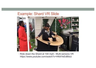 Example: Shard VR Slide
• Ride down the Shard at 100 mph - Multi-sensory VR
https://www.youtube.com/watch?v=HNXYoEdBtoU
 