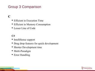Group 3 Comparison
C
 Efficient in Execution Time
 Efficient in Memory Consumption
 Lesser Line of Code
C#
 IntelliSense support
 Drag drop features for quick development
 Shorter Development time
 Multi-Paradigm
 Error Handling
 