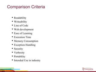 Comparison Criteria
 Readability
 Writeability
 Line of Code
 Web development
 Ease of Learning
 Execution Time
 Memory Consumption
 Exception Handling
 Security
 Verbosity
 Portability
 Intended Use in industry
 