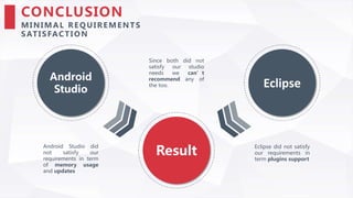 Android
Studio
Result
Eclipse
Android Studio did
not satisfy our
requirements in term
of memory usage
and updates
Since both did not
satisfy our studio
needs we can’t
recommend any of
the too.
Eclipse did not satisfy
our requirements in
term plugins support
CONCLUSION
M IN IM A L R EQ U IR EM EN TS
SATISFACTIO N
 