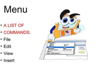 Menu A LIST OF COMMANDS: File Edit View Insert 
