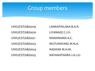 Group members


UWU/CST/08/0019   LANKATHILAKA B.A.R.
UWU/CST/08/0020   LIYANAGE C.J.V.
UWU/CST/08/0021   MAHANAMA A.C.
UWU/CST/08/0023   MUTUNAYAKE M.N.A.
UWU/CST/08/0024   NASHAN M.H.M.
UWU/CST/08/0025   NAYANATHARA J.A.J.U.
 