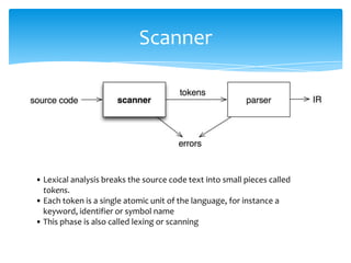 Scanner




• Lexical analysis breaks the source code text into small pieces called
  tokens.
• Each token is a single atomic unit of the language, for instance a
  keyword, identifier or symbol name
• This phase is also called lexing or scanning
 