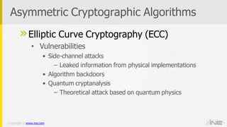 Asymmetric Cryptographic Algorithms
Copyright © www.ine.com
»Elliptic Curve Cryptography (ECC)
• Vulnerabilities
• Side-channel attacks
– Leaked information from physical implementations
• Algorithm backdoors
• Quantum cryptanalysis
– Theoretical attack based on quantum physics
 