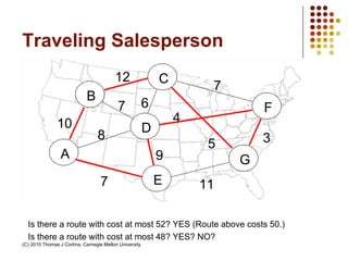 Traveling Salesperson
A
B
D
C
G
E
F
12
6
4
5
9
8
10
7 11
3
7
7
Is there a route with cost at most 52? YES (Route above costs 50.)
Is there a route with cost at most 48? YES? NO?
(C) 2010 Thomas J Cortina, Carnegie Mellon University
 