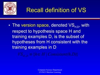 Recall definition of VS The  version space , denoted VS H,D , with respect to hypothesis space H and training examples D, is the subset of hypotheses from H consistent with the training examples in D 