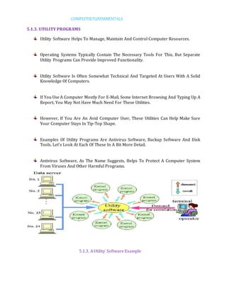 COMPUTERFUNDAMENTALS
5.1.3. UTILITY PROGRAMS
Utility Software Helps To Manage, Maintain And Control Computer Resources.
Operating Systems Typically Contain The Necessary Tools For This, But Separate
Utility Programs Can Provide Improved Functionality.
Utility Software Is Often Somewhat Technical And Targeted At Users With A Solid
Knowledge Of Computers.
If You Use A Computer Mostly For E-Mail, Some Internet Browsing And Typing Up A
Report, You May Not Have Much Need For These Utilities.
However, If You Are An Avid Computer User, These Utilities Can Help Make Sure
Your Computer Stays In Tip-Top Shape.
Examples Of Utility Programs Are Antivirus Software, Backup Software And Disk
Tools. Let's Look At Each Of These In A Bit More Detail.
Antivirus Software, As The Name Suggests, Helps To Protect A Computer System
From Viruses And Other Harmful Programs.
5.1.3. A.Utility Software Example
 