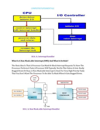 COMPUTERFUNDAMENTALS
10.4. A. Interrupt handler
What Is A Non-Mask able Interrupt (NMI) And What Is Its Role?
The Basic Idea Is That A Processor Can Mask Or Block Interrupt Requests To Have The
Processor Perform A Task. A Processor Will Typically Not Do This Unless It Gets Really
Bogged Down Or Busy. A Non-Mask able Interrupt Is Used For Very High Priority Tasks
That You Don't Want The Processor To Be Able To Mask When It Gets Bogged Down.
10.4. A. Non Mask able Interrupt Handler
 