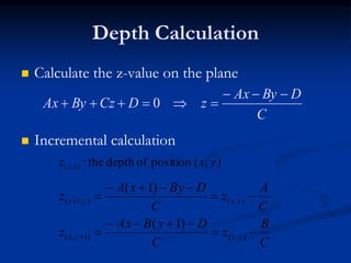 Depth Calculation
 Calculate the z-value on the plane
 Incremental calculation
C
DByAx
zDCzByAx

 0
C
B
z
C
DyBAx
z
C
A
z
C
DByxA
z
yxyx
yxyx








),()1,(
),(),1(
)1(
)1(
),(positionofdepththe:),( yxz yx
 