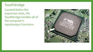 Southbridge
Located below the
expansion slots, the
Southbridge handles all of
the computer’s
input/output functions.
 