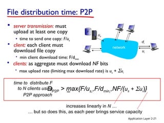 Application Layer 2-21
File distribution time: P2P
 server transmission: must
upload at least one copy
• time to send one copy: F/us
time to distribute F
to N clients using
P2P approach
us
network
di
ui
F
DP2P > max{F/us,,F/dmin,,NF/(us + ui)}
 client: each client must
download file copy
• min client download time: F/dmin
 clients: as aggregate must download NF bits
• max upload rate (limiting max download rate) is us + ui
… but so does this, as each peer brings service capacity
increases linearly in N …
 