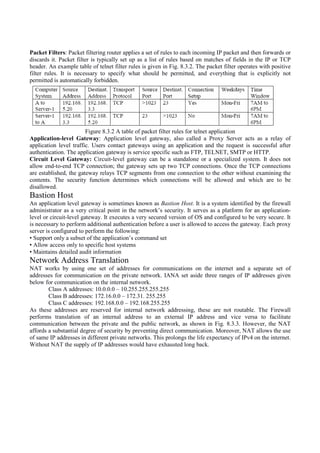 Packet Filters: Packet filtering router applies a set of rules to each incoming IP packet and then forwards or
discards it. Packet filter is typically set up as a list of rules based on matches of fields in the IP or TCP
header. An example table of telnet filter rules is given in Fig. 8.3.2. The packet filter operates with positive
filter rules. It is necessary to specify what should be permitted, and everything that is explicitly not
permitted is automatically forbidden.
Figure 8.3.2 A table of packet filter rules for telnet application
Application-level Gateway: Application level gateway, also called a Proxy Server acts as a relay of
application level traffic. Users contact gateways using an application and the request is successful after
authentication. The application gateway is service specific such as FTP, TELNET, SMTP or HTTP.
Circuit Level Gateway: Circuit-level gateway can be a standalone or a specialized system. It does not
allow end-to-end TCP connection; the gateway sets up two TCP connections. Once the TCP connections
are established, the gateway relays TCP segments from one connection to the other without examining the
contents. The security function determines which connections will be allowed and which are to be
disallowed.
Bastion Host
An application level gateway is sometimes known as Bastion Host. It is a system identified by the firewall
administrator as a very critical point in the network’s security. It serves as a platform for an application-
level or circuit-level gateway. It executes a very secured version of OS and configured to be very secure. It
is necessary to perform additional authentication before a user is allowed to access the gateway. Each proxy
server is configured to perform the following:
• Support only a subset of the application’s command set
• Allow access only to specific host systems
• Maintains detailed audit information
Network Address Translation
NAT works by using one set of addresses for communications on the internet and a separate set of
addresses for communication on the private network. IANA set aside three ranges of IP addresses given
below for communication on the internal network.
Class A addresses: 10.0.0.0 – 10.255.255.255.255
Class B addresses: 172.16.0.0 – 172.31. 255.255
Class C addresses: 192.168.0.0 – 192.168.255.255
As these addresses are reserved for internal network addressing, these are not routable. The Firewall
performs translation of an internal address to an external IP address and vice versa to facilitate
communication between the private and the public network, as shown in Fig. 8.3.3. However, the NAT
affords a substantial degree of security by preventing direct communication. Moreover, NAT allows the use
of same IP addresses in different private networks. This prolongs the life expectancy of IPv4 on the internet.
Without NAT the supply of IP addresses would have exhausted long back.
 