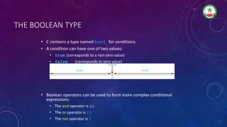 THE BOOLEAN TYPE
• C contains a type named bool for conditions.
• A condition can have one of two values:
• true (corresponds to a non-zero value)
• false (corresponds to zero value)
• Boolean operators can be used to form more complex conditional
expressions.
• The and operator is &&
• The or operator is ||
• The not operator is !
 