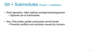 Git + Submodules (Factor 1: codebase)
• Root repository: https://github.com/gameontext/gameon
– Optional use of submodules
• Key: Only builds update submodule commit levels
– Prevents conflicts and confusion caused by humans
15
 