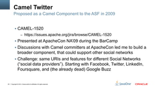 Camel Twitter
         Proposed as a Camel Component to the ASF in 2009


            CAMEL-1520
                     – https://issues.apache.org/jira/browse/CAMEL-1520
            Presented at ApacheCon NA’09 during the BarCamp
            Discussions with Camel committers at ApacheCon led me to build a
             broader component, that could support other social networks
            Challenge: same URIs and features for different Social Networks
             (“social data providers”). Starting with Facebook, Twitter, LinkedIn,
             Foursquare, and (the already dead) Google Buzz


25   Copyright © 2012, Oracle and/or its affiliates. All rights reserved.
 