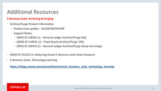 Copyright © 2016,Oracle and/orits affiliates. All rights reserved. |
Additional Resources
E-Business Suite: Archiving & Purging
• Archive/Purge Product Information
– Product User guides – GL/AP/AR/FA/OM
– Support Notes:
• (MOS ID 138264.1) – General Ledger Archive/Purge FAQ
• (MOD ID 144431.1) – Fixed Assets Archive/Purge FAQ
• (MOS ID 136919.1) – General Ledger Archive/Purge Setup and Usage
• (MOS ID 752322.1): Reducing Oracle E-Business Suite Data Footprint
• E-Business Suite: Technology Learning
https://blogs.oracle.com/stevenChan/entry/e_business_suite_technology_learning
83
 