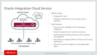 Copyright © 2016, Oracle and/or its affiliates. All rights reserved.
• What it does:
– Designed for SaaS
– Integrates applications across clouds and on-
premises
• Key Features
– Easy to use for LOB/Apps IT & IT developed
integration
– Prebuilt integrations for common scenarios
– Automated provisioning, back-up, patch updates,
and upgrades
– Rich Library of adapters/APIs for Oracle and 3rd party
applications
– Secure On-premise integration using lightweight
Agent
12
Oracle Integration Cloud Service
Oracle Applications, SAP, customer, legacy…
ON-PREMISES
3rd PartyORACLE CLOUD
Salesforce
Oracle
Integration Cloud Service
Oracle SaaS
Applications
 