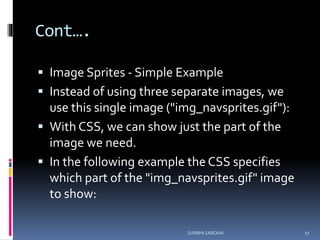 Cont….
 Image Sprites - Simple Example
 Instead of using three separate images, we
use this single image ("img_navsprites.gif"):
 With CSS, we can show just the part of the
image we need.
 In the following example the CSS specifies
which part of the "img_navsprites.gif" image
to show:
SURBHI SAROHA 17
 