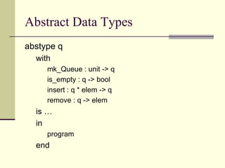 Abstract Data Types abstype q with mk_Queue : unit -> q is_empty : q -> bool insert : q * elem -> q remove : q -> elem is … in program end 
