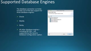 The database connector currently
includes out of the box support for
three database engines:
 Oracle
 MySQL
 Derby
 All other database engines –
including MS SQL – are
supported by the Generic
Database Configuration option.
 