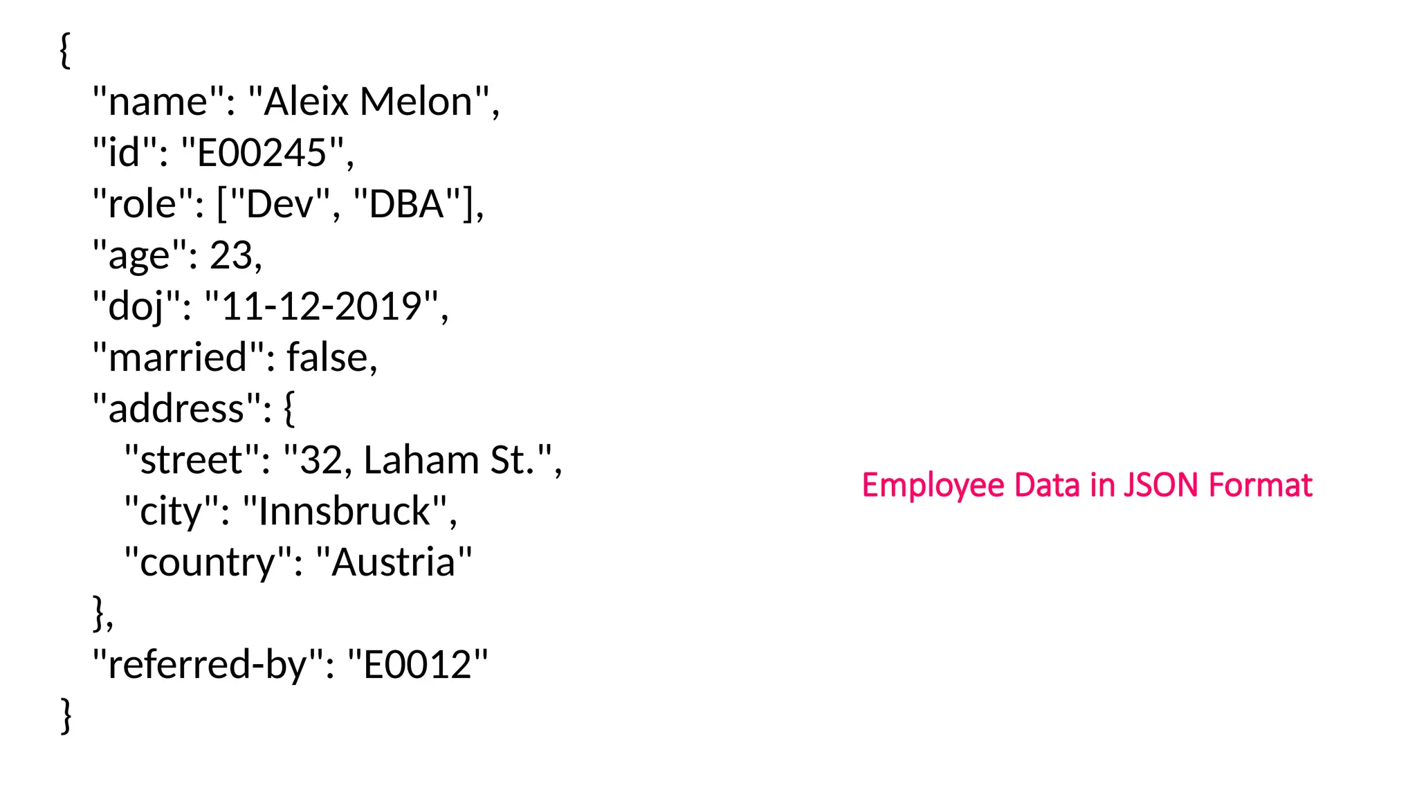 Employee Data in JSON Format
{
"name": "Aleix Melon",
"id": "E00245",
"role": ["Dev", "DBA"],
"age": 23,
"doj": "11-12-2019",
"married": false,
"address": {
"street": "32, Laham St.",
"city": "Innsbruck",
"country": "Austria"
},
"referred-by": "E0012"
}
 
