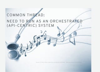 COMMON THREAD:
NEED TO RUN AS AN ORCHESTRATED
(API-CENTRIC) SYSTEM
Source: CC/ﬂickr https://www.ﬂickr.com/photos/42931449 www.planetofsuccess.com/blog/
 