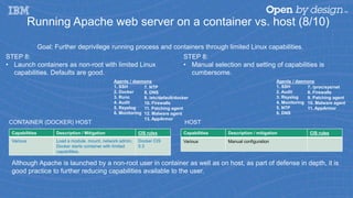 Running Apache web server on a container vs. host (8/10)
Capabilities Description / mitigation CIS rules
Various Manual configuration
Capabilities Description / Mitigation CIS rules
Various Load a module, mount, network admin.
Docker starts container with limited
capabilities.
Docker CIS
5.3
HOST
STEP 8:
• Launch containers as non-root with limited Linux
capabilities. Defaults are good.
CONTAINER (DOCKER) HOST
Agents / daemons
1. SSH
2. Docker
3. Runc
4. Audit
5. Rsyslog
6. Monitoring
STEP 8:
• Manual selection and setting of capabilities is
cumbersome.
7. NTP
8. DNS
9. /etc/default/docker
10. Firewalls
11. Patching agent
12. Malware agent
13. AppArmor
Agents / daemons
1. SSH
2. Audit
3. Rsyslog
4. Monitoring
5. NTP
6. DNS
7. /proc/sys/net
8. Firewalls
9. Patching agent
10. Malware agent
11. AppArmor
Goal: Further deprivilege running process and containers through limited Linux capabilities.
Although Apache is launched by a non-root user in container as well as on host, as part of defense in depth, it is
good practice to further reducing capabilities available to the user.
 