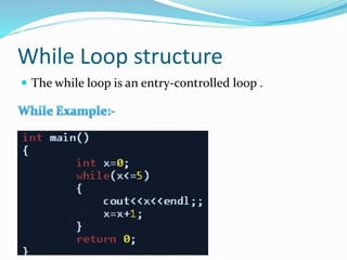 While Loop structure
 The while loop is an entry-controlled loop .
 