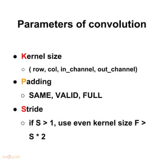 Parameters of convolution
● Kernel size
○ ( row, col, in_channel, out_channel)
● Padding
○ SAME, VALID, FULL
● Stride
○ if S > 1, use even kernel size F >
S * 2
 