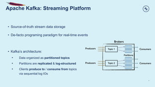 Apache Kafka: Streaming Platform
4
• Source-of-truth stream data storage
• De-facto programing paradigm for real-time events
• Kafka’s architecture:
• Data organized as partitioned topics
• Partitions are replicated & log-structured
• Clients produce to / consume from topics
via sequential log IOs
 