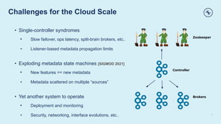 Challenges for the Cloud Scale
7
• Single-controller syndromes
• Slow failover, ops latency, split-brain brokers, etc..
• Listener-based metadata propagation limits
• Exploding metadata state machines [SIGMOD 2021]
• New features == new metadata
• Metadata scattered on multiple “sources”
• Yet another system to operate
• Deployment and monitoring
• Security, networking, interface evolutions, etc..
Controller
Brokers
Zookeeper
 