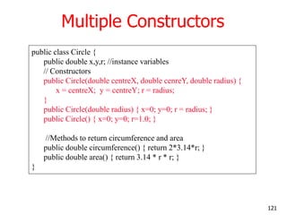 Multiple Constructors
public class Circle {
public double x,y,r; //instance variables
// Constructors
public Circle(double centreX, double cenreY, double radius) {
x = centreX; y = centreY; r = radius;
}
public Circle(double radius) { x=0; y=0; r = radius; }
public Circle() { x=0; y=0; r=1.0; }
//Methods to return circumference and area
public double circumference() { return 2*3.14*r; }
public double area() { return 3.14 * r * r; }
}
121
 