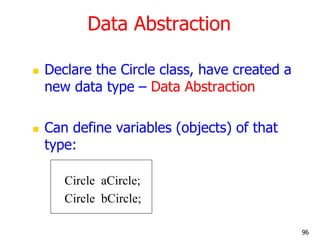Data Abstraction
 Declare the Circle class, have created a
new data type – Data Abstraction
 Can define variables (objects) of that
type:
Circle aCircle;
Circle bCircle;
96
 