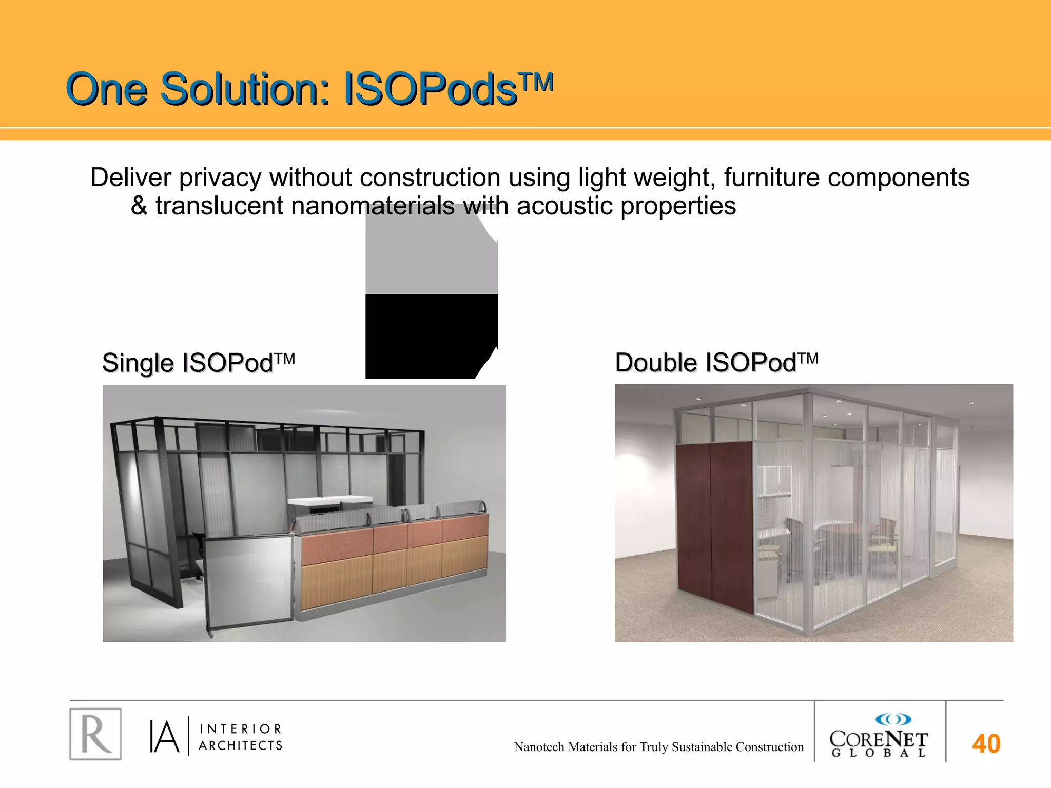 One Solution: ISOPods TM Single ISOPod TM Double ISOPod TM Deliver privacy without construction using light weight, furniture components & translucent nanomaterials with acoustic properties 