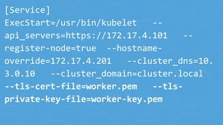 [Service]
ExecStart=/usr/bin/kubelet --
api_servers=https://172.17.4.101 --
register-node=true --hostname-
override=172.17.4.201 --cluster_dns=10.
3.0.10 --cluster_domain=cluster.local
--tls-cert-file=worker.pem --tls-
private-key-file=worker-key.pem
 