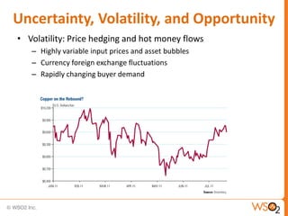 Uncertainty, Volatility, and Opportunity
• Volatility: Price hedging and hot money flows
   – Highly variable input prices and asset bubbles
   – Currency foreign exchange fluctuations
   – Rapidly changing buyer demand
 