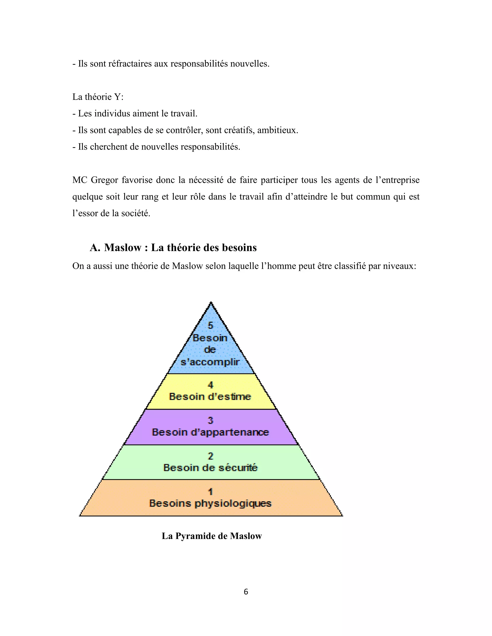 6
- Ils sont réfractaires aux responsabilités nouvelles.
La théorie Y:
- Les individus aiment le travail.
- Ils sont capables de se contrôler, sont créatifs, ambitieux.
- Ils cherchent de nouvelles responsabilités.
MC Gregor favorise donc la nécessité de faire participer tous les agents de l’entreprise
quelque soit leur rang et leur rôle dans le travail afin d’atteindre le but commun qui est
l’essor de la société.
A. Maslow : La théorie des besoins
On a aussi une théorie de Maslow selon laquelle l’homme peut être classifié par niveaux:
La Pyramide de Maslow
 