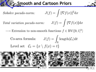 Smooth and Cartoon Priors

              J(f ) =       || f (x)||2 dx

                    J(f ) =      || f (x)||dx



            J(f ) =         length(Ct )dt
                        R




           | f |2                               | f|
 