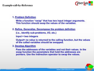 www.cyberlabzone.com
1. Problem Definition
Write a function “swap” that has two input integer arguments.
This function should swap the values of the variables.
2. Refine, Generalize, Decompose the problem definition
(i.e., identify sub-problems, I/O, etc.)
Input = two integers
Output= no value is returned to the calling function, but the values
of the called variables should be swapped.
3. Develop Algorithm
Pass the addresses of the variables and not their values. In the
swap function the parameters that hold the addresses are
pointers. Use the indirection operator to swap the values.
Example-call-by-Reference
 
