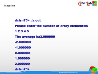 www.cyberlabzone.com
dclsn75> ./a.out
Please enter the number of array elements:5
1 2 3 4 5
The average is:3.000000
-2.000000
-1.000000
0.000000
1.000000
2.000000
dclsn75>
Execution
 